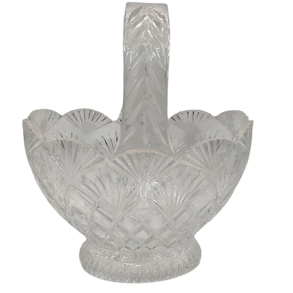 Imperial Slovakia‎ Lead Crystal Basket with Handle Diamond Fan Pattern SEE